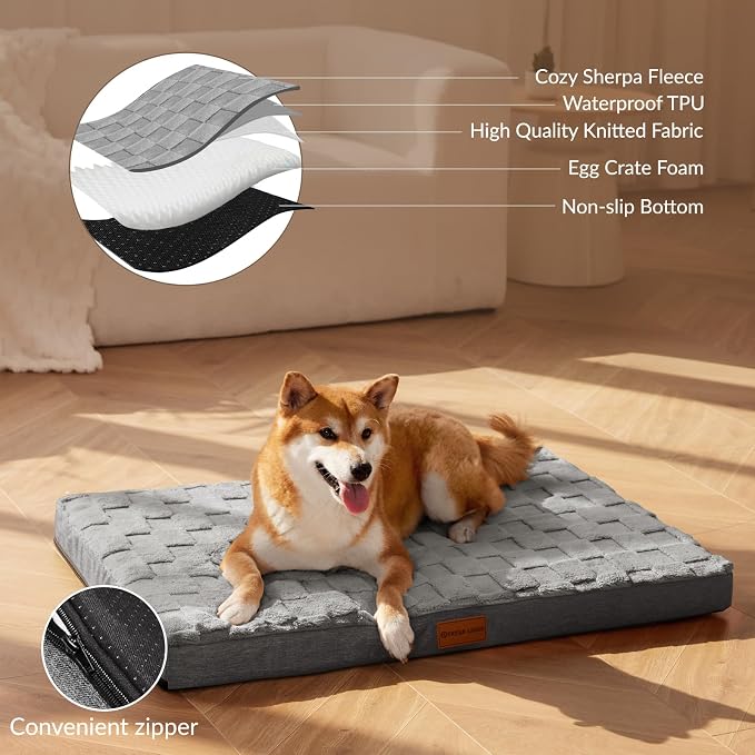 Patas Lague Orthopedic Large Dog Bed Washable Pet Crate Mat 36''X24'' Grey | Egg-Crate Foam Dog Couch For Large Sized Dogs, Waterproof Removable Cover, Soft Pet Bed With Nonskid Bottom