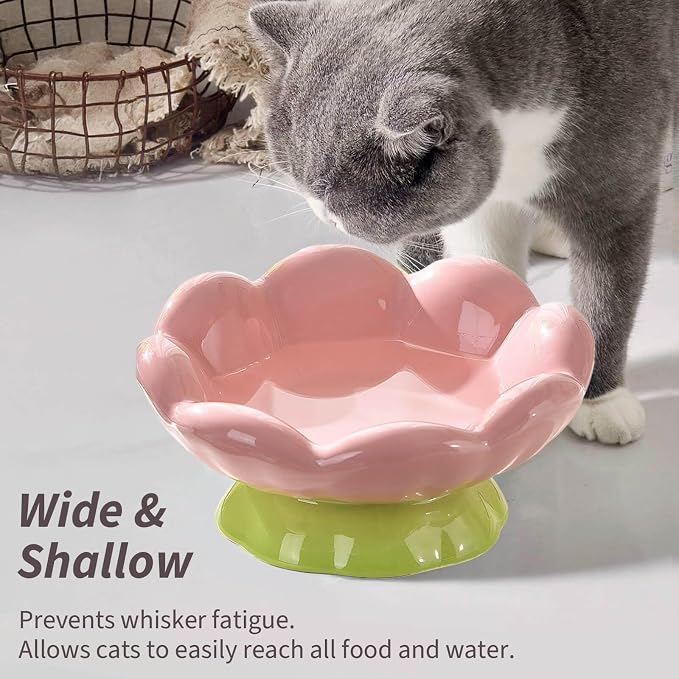 Cute Flower Ceramic Elevated Shallow Cat Bowl for Food & Water | wide and tilted design, whisker-friendly, stable base, dishwasher & microwave safe