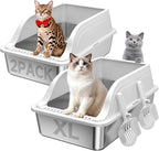 Stainless Steel High Sided XL Cat Litter Box, 2 Pack | High-sided design prevents urine leakage. Non-stick and easy to clean. Includes scoop (Gray)