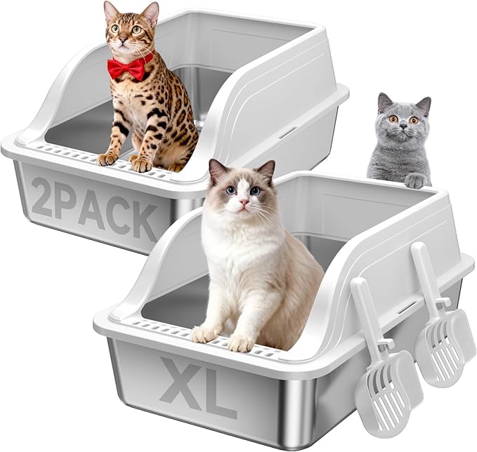 Stainless Steel High Sided XL Cat Litter Box, 2 Pack | High-sided design prevents urine leakage. Non-stick and easy to clean. Includes scoop (Gray)