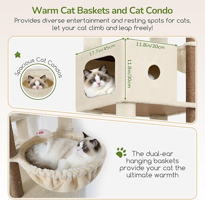 Globlazer F83C Heavy Duty Tall Cat Tree, 83in Multi-Level Tower, Beige | Easy Assembly, Maine Coon, Large Cats, Tall Tower, 2 Condos, 3 Hanging Baskets, 2 Perches, 7 Sisal Posts, Anti-Topple Strap