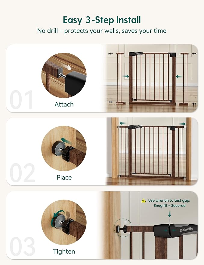 Babelio Pressure Mounted Baby Gate for Stairs, 29-48" Wide Dog Gate Indoor | Triple-lock system; Auto-close; 200N impact tested; Easy install for Doorways, Kitchen, Hallway, Black Wood Pattern