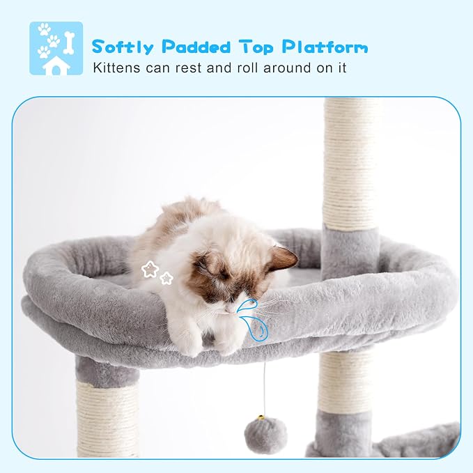 Hey-brother Cat Tree Tower, Adjustable Height, Floor to Ceiling, MPJ091W | 94.5-106.3 Inches Multi-Level Cat House, Scratching Posts, Plush Condo, Platform, Toy Ball for Indoor Big Cats, Light Gray