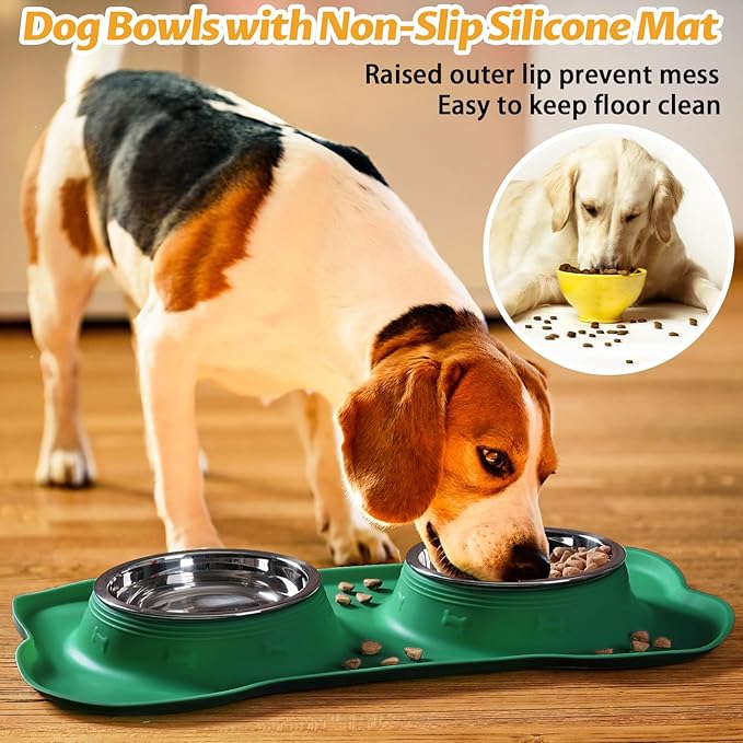 Hubulk Pet Dog Bowls 2 Stainless Steel Dog Bowl with No Spill Non-Skid Silicone Mat + Pet Food Scoop Water and Food Feeder Bowls for Feeding Small Medium Large Dogs Cats Puppies (Large, Hunter Green)