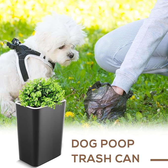 Jingmore Dog Poop Trash Can Outside 2.64 Gal/10 L Plant Styled Dog Waste Trash Can with Lid 50 Waste Bags Outdoor Indoor Poop Container Slim Garbage Bin for Yard Garden Pet (Black)