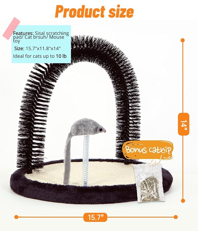 Large Cat Self Groomer, Heavy Woven Sisal Pad with Mouse Toy | Easy To Clean, Enhanced Brush Holder, Durable Sisal Base, Durable Brush, Cat Face Scratchers, Cat Body Massager, Black