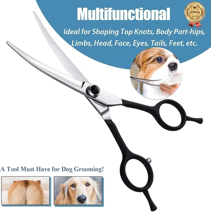 Dog Grooming Scissors - 6" Downward Curved Grooming Scissors | Downward Curved Safety Blade, for Trimming Face and Paws, for Dogs and Cats, Sharp and Precise, Ambidextrous, Black