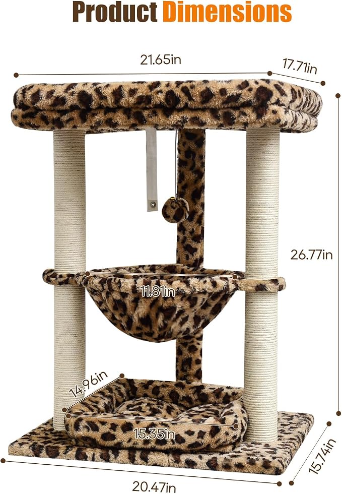 SYANDLVY Leopard Print Small Cat Tree with Top Perch, Hammock & Bottom Bed | 3 Level, Natural Sisal Scratching Post Tower with Hanging Bell Ball and Anti-Tip Strap, Stable Indoor Cat Furniture