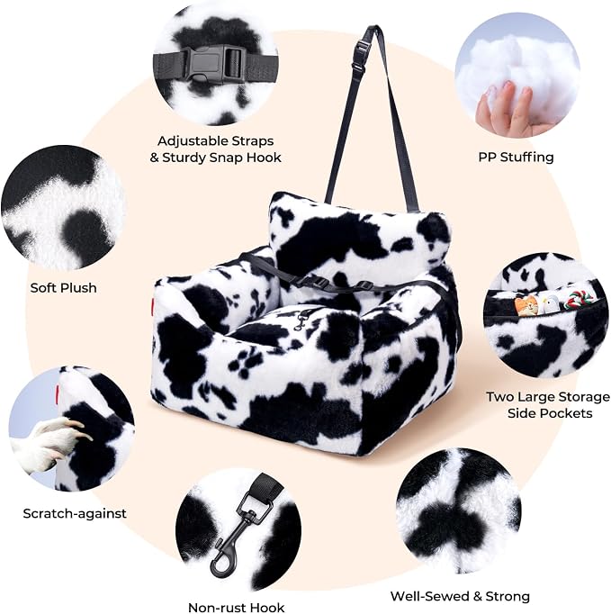 BurgeonNest Dog Car Seat for Small Dogs & Cats Under 25 lbs, Milk Cow