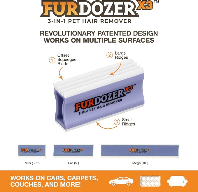 FurDozer Pet Hair Remover & Auto Detailing Tools - Cat & Dog Hair Remover for Carpets, Car Interiors, Couches, Bedding, & Pet Furniture (Purple, X3 MINI - 3.5" Long)
