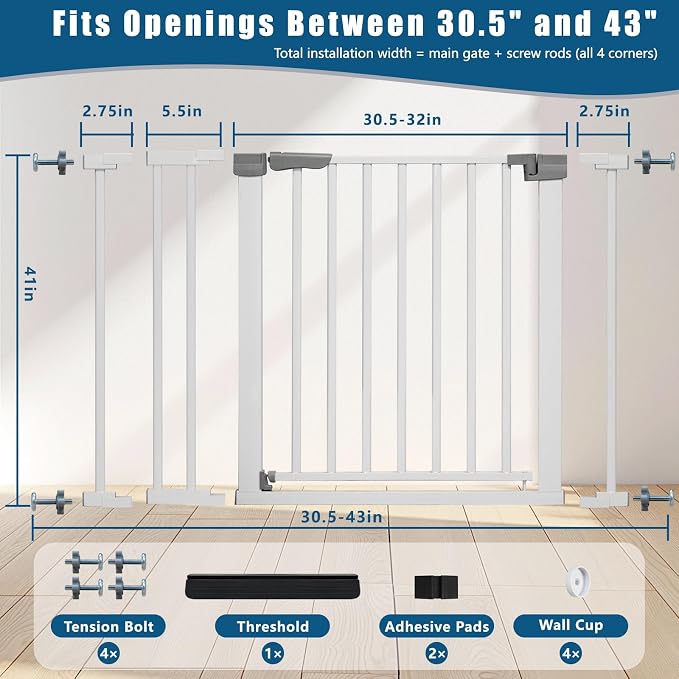 Rgqphantom 41" Tall Safety Pet Gate,Adjustable 30.5"-43" Wide(White) | Pet Safety Barrier, No Drilling Pressure Mount Kit,Auto Close Cat Gate Suitable for Stairs,Doorways, Kitchen
