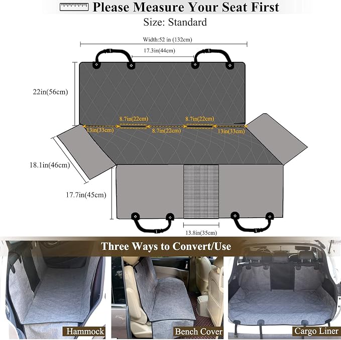 VIVAGLORY Dog Seat Cover Dog Hammock, Standard, Heather Black | Seat Cover for Car Suv & Truck, Back Backseat Split Hair Resistant Protector for Pet