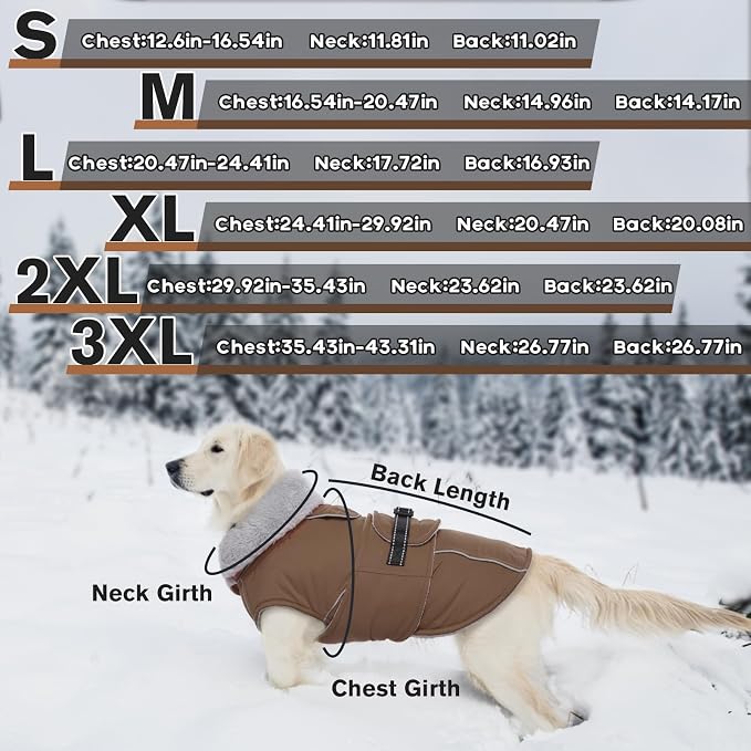 Lelepet Dog Coats for Large Dogs Waterproof Dog Jacket with Adjustable Fit | Reflective Winter Coat Pet Fleece Vest Windproof Cold Weather Coats with Adjustable Buckle & Leash Hole, Brown, XXL