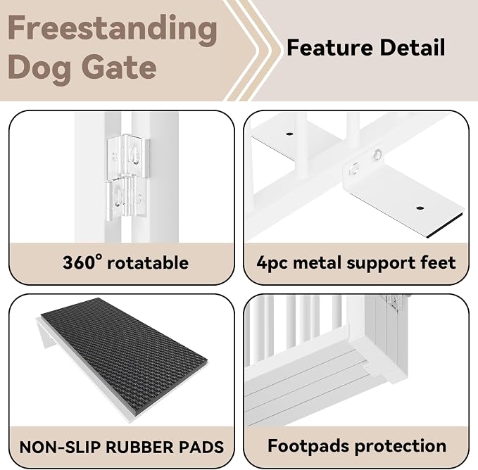 SNUOWU Full Metal Freestanding Dog Gate with Door, 32''Height Foldable Pet Dog Fence for Indoor & Outdoor, 2 Panels Extra Wide Free Standing TallDog Gates for Doorways,House,Stairs,Porch,Deck,Yard