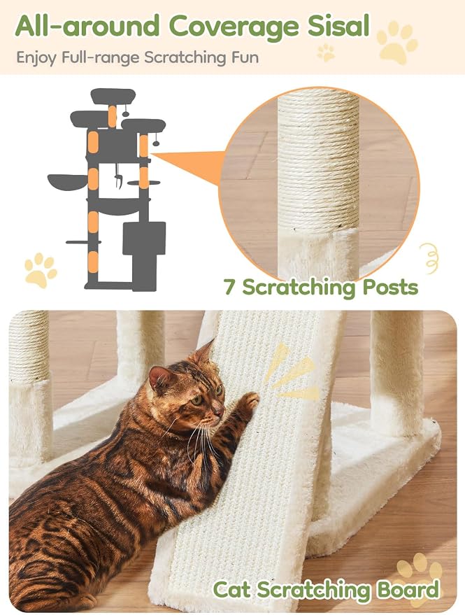 Taoqimiao Tall Cat Tree, 76In XL Cat Tower for Large Cats, 3 Padded Perches | Oversized Metal Hammock, 2 Big Condos, 1-Piece Ramp Scratcher, 7 Natural Sisal Posts, Hanging Basket, Beige, MS047M