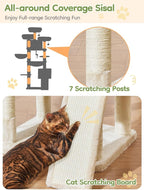 Taoqimiao Tall Cat Tree, 76In XL Cat Tower for Large Cats, 3 Padded Perches | Oversized Metal Hammock, 2 Big Condos, 1-Piece Ramp Scratcher, 7 Natural Sisal Posts, Hanging Basket, Beige, MS047M