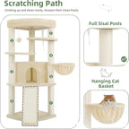 Gitelsnour Corner Cat Tree Tower with All Sisal Scratching Posts GCT025MU | 44.1" Cat Furniture with Multi-level Cat Condo, Cat Cave, Hanging Basket, Sisal Scratching Ramp for Indoor Cats, Beige