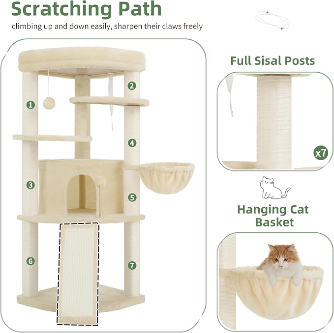Gitelsnour Corner Cat Tree Tower with All Sisal Scratching Posts GCT025MU | 44.1" Cat Furniture with Multi-level Cat Condo, Cat Cave, Hanging Basket, Sisal Scratching Ramp for Indoor Cats, Beige
