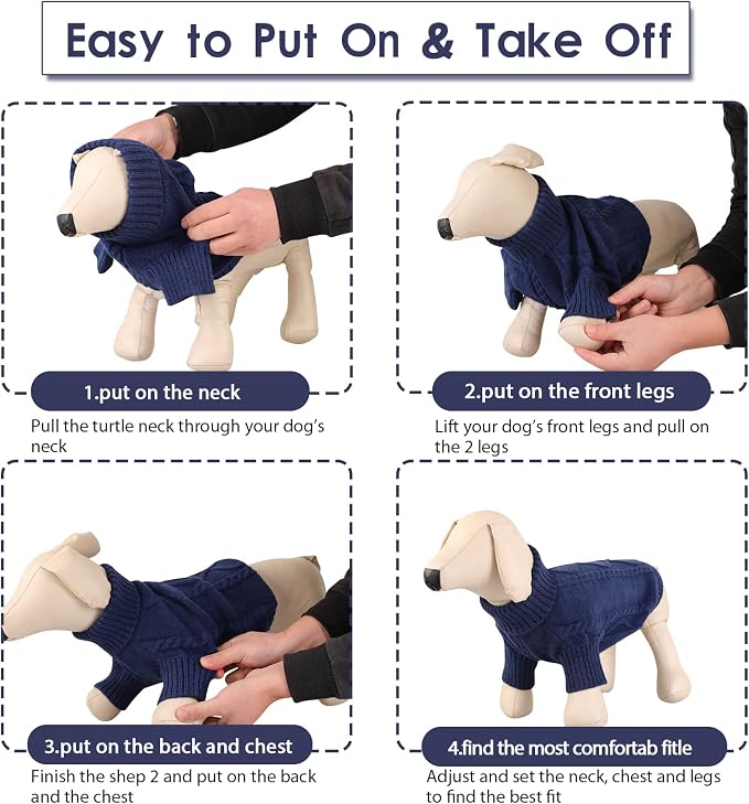 Queenmore Small Dog Pullover Sweater, Cold Weather Cable Knitwear, Classic Turtleneck Thick Warm Clothes for Chihuahua, Bulldog, Dachshund, Pug (Dark Navy, Medium)
