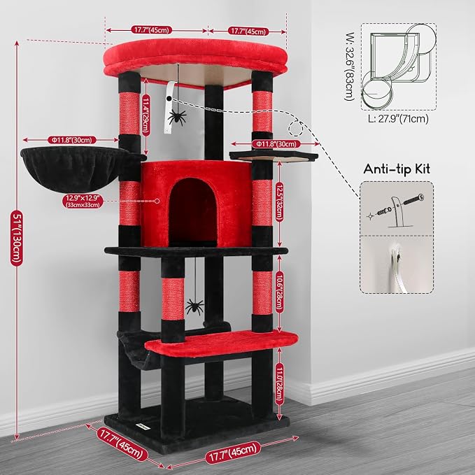 Globlazer Gothic Corner Cat Tree Tower with Scratching Post for Indoor Cats, 51inch Goth Cat Condo Tower with Large Hammock, Fan-Shaped Padded Perch, Spacious Cat Cave, Hanging Basket, C51, Red Black