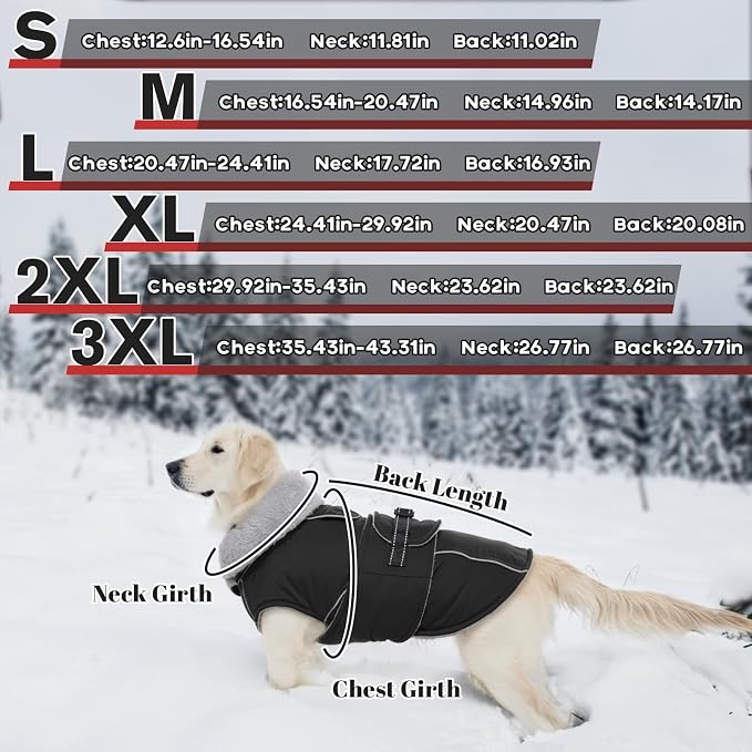 Lelepet Dog Coats for Large Dogs Waterproof Dog Jacket with Adjustable Fit | Reflective Pet Fleece Vest Windproof Cold Weather Coats with Adjustable Buckle & Leash Hole, Thermal Snow Jacket, Black, XL