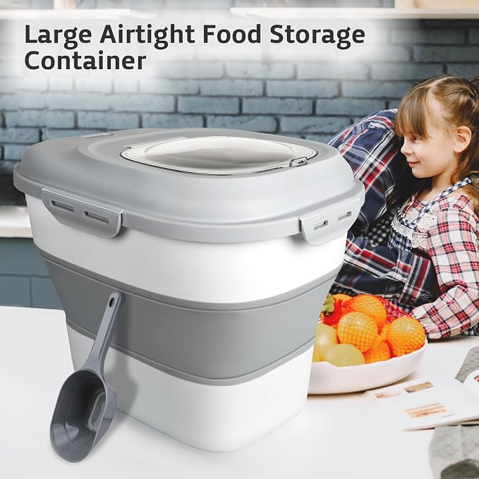 Rice Storage Bin Cereal Containers, 13-50lb Collapsible Rice Container Dispenser with Transparent Lid, Rolling Wheels, Measuring Cup and Scoop, Airtight Dog Cat Pet Food Storage Container White