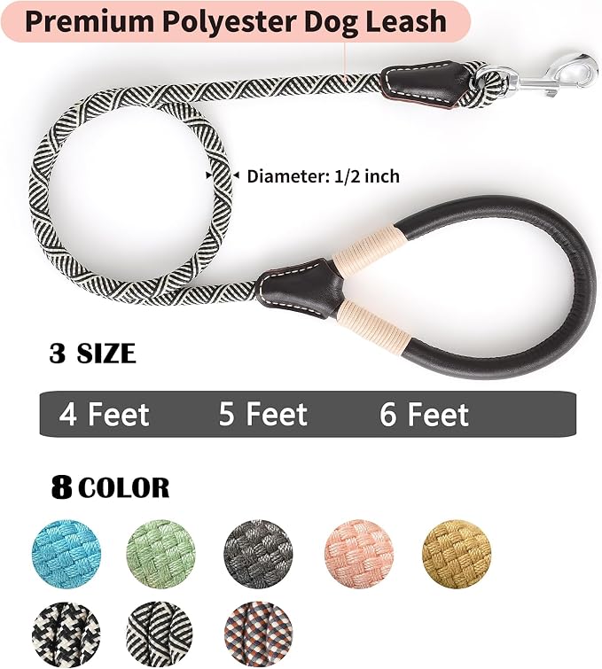 Mile High Life Dog Leash with Genuine Leather Handle, 4/5/6 FT | Comfortable Leather Grip Rope Leash, Heavy Duty 360° Swivel Metal Clasp, for Small Medium & Large Dogs (Khaki White, 60 Inch)