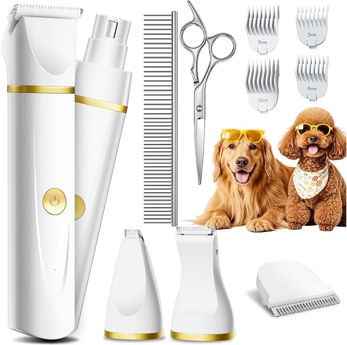 Dog Grooming Kit with Paw Trimmer, All-in-One Low Noise Electric Rechargeable Small Quiet Pet Clippers Foot Dog Hair Shaver with Stainless Steel Scissors and Comb for Dogs at Home