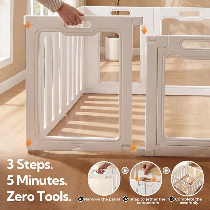 Soulbond Clear Acrylic Dog Playpen Indoor, 24 Inch, White, 8 Panels | Non-Slip,Tool-Free Assembly, External Door Lock Play Pen for Puppies and Small Dogs
