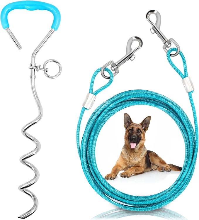 Supet Dog Tie Out Cable and Stake 32/16/10 ft Outdoor, Yard and Camping, for Medium to Large Dogs Up to 125 lbs, 16" Stake, 32/16/10 ft Cable with Durable Spring and Metal Hooks for Outdoor