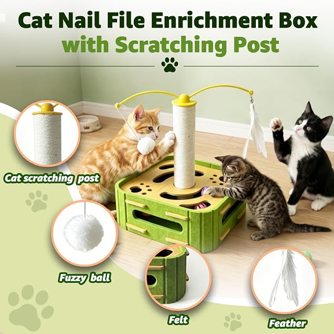 Cat Nail File Scratcher Boxs,Interactive Cats Puzzle Toys with Sisal Column Bell Balls,Indoor Cat Maze Hunting Game Toy for Scratching Mental Stimulation Boredom Relief