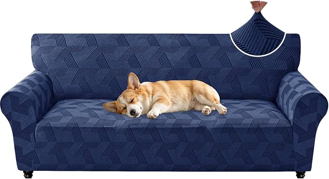 ZNSAYOTX Stretch Couch Covers for 3 Cushion Couch, 1-Piece Sofa Cover Slipcover Pet Friendly, Furniture Protector with Elastic Bottom for Dogs Geometrical Jacquard Fabric (Large, Navy Blue)