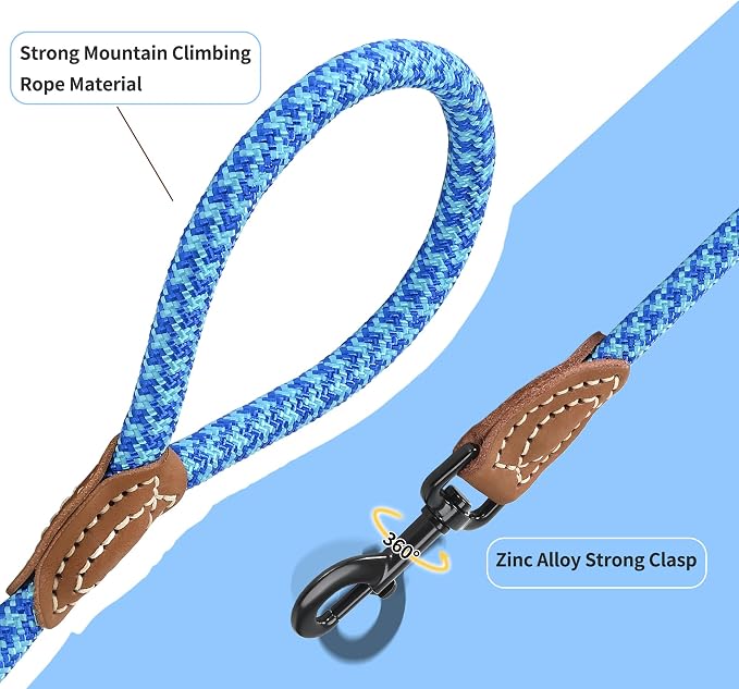 Mile High Life Dog Leash with Genuine Leather Connection, 6 FT/5 FT/4 FT | Rope Leash, Heavy Duty 360° Swivel Metal Clasp, for Small Medium & Large Dogs (Sky Blue, 60 Inch)