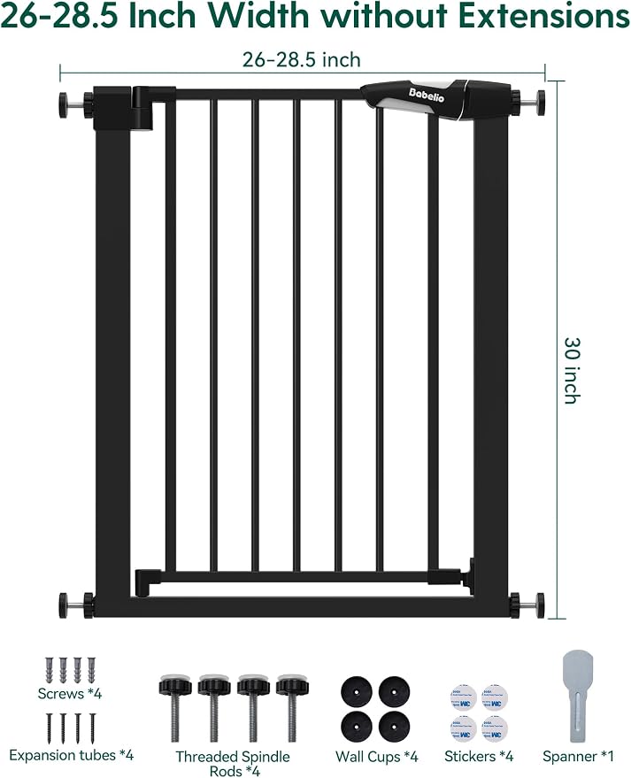 BABELIO 26-28.5 Inch Narrow Easy Install Baby Gate, Auto-Close Pet Gate for Small Stairs and Doorways, NO Drilling Pressure Mounted, NO Extensions, Black