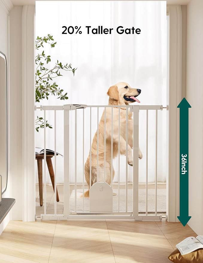 Babelio 36" Tall Baby Gate with Adjustable Cat Door, CatPrivilege I, 29-43" | Auto Close, Safety Gate for Stairs, Easy Walk Thru with Pet Door, Includes 4 Wall Cups and 3 Extension Pieces, White
