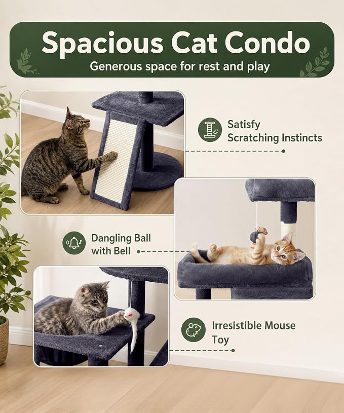 68 Inches Heavy Duty Cat Tree for Indoor Cat, Big Cat Tower | Cat Houses & Tree Tower with 2 Condos, Sisal Scratching Posts & Large Platform for Indoor Cats Large Adult, Dark Grey