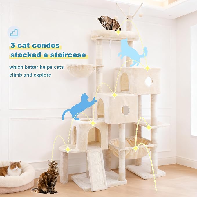 Hey-brother Cat Tree Tower with 3 Condos, Step Climbing Pathway MPJ081M | 74.8 Inches Scratching Post with 3 House, Hammock, Large Basket, Cozy Bed, Sisal Board, Toys for Big Indoor Cats, Beige