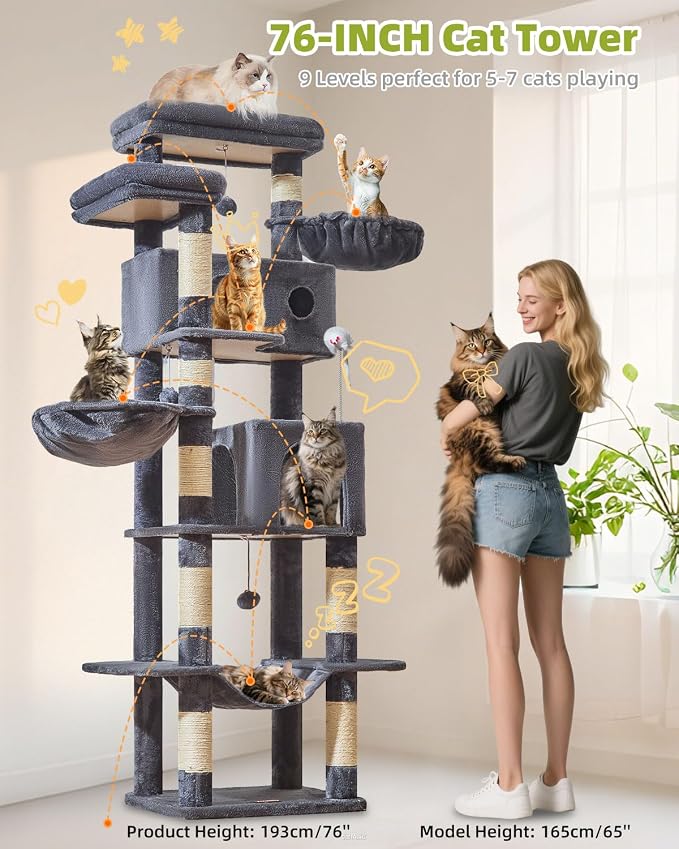 Taoqimiao 76in Cat Tree, Tall Sturdy Cat Tower for Large Indoor Cats MS046G | Easy assembly, Sturdy, Multi Level, Easy Clean, Cozy Condo, Perches, Baskets, Suitable for Kittens and Adult Cats