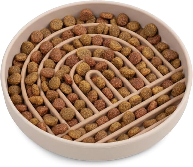 Slow Feeder Dog Bowls - Small Size Silicone Slow Eating Dog Bowl for Puppies & Dogs with Suction Cup -Dishwasher-Safe, Lick Mat Design, Reduces Gulping, for All Breeds, 6”x1.25”- Tan
