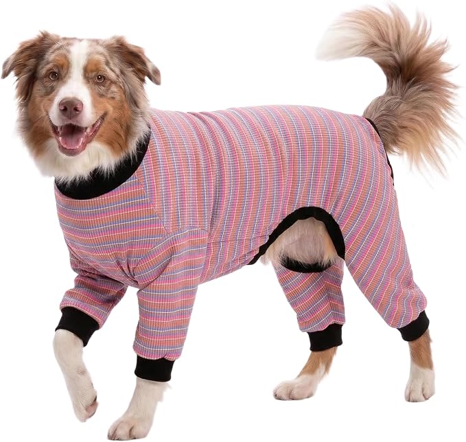 LovinPet Large Dog Pajamas, Cotton Multicolor Stripe Big Dog Shirt, Stop Shedding for Dogs, Full Body Dog Onesie, Pet Pajamas for Dogs, Pet PJ's, 2XL