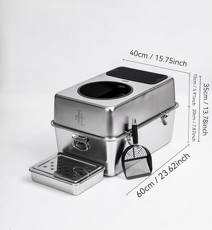 304 Stainless Steel Cat Litter Box, Fully Enclosed Leak-Proof & Rust-Proof Top-Entry XL Litter Box with Metal Scoop, Litter Mat, Side Clamps & Handles for Large Cats (Pure, X-Large)