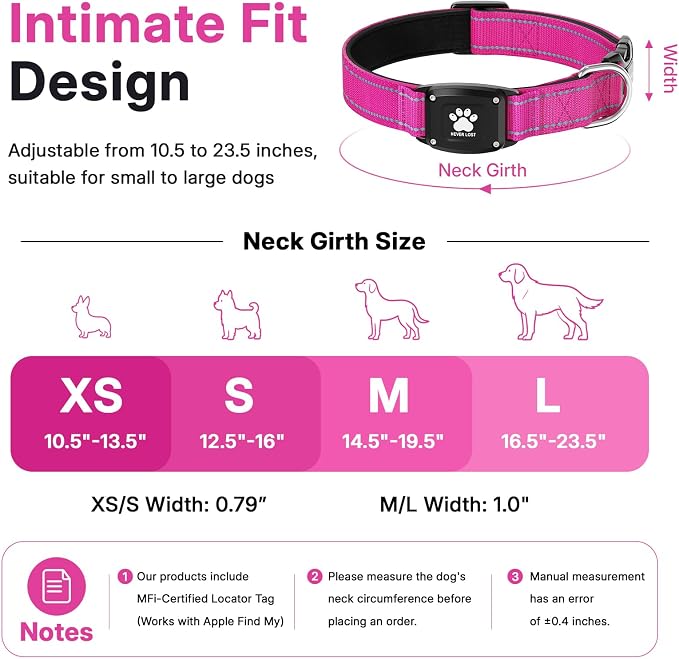 GPS Dog Collar Tracker 2-in-1,Reflective Waterproof Pet Collar,iOS-Only,No Monthly Fees,Unlimited Range,Dog Tracking Collar Pet Tracker,for Small Medium Large Dogs(XS (10.5"-13.5"), Hot Pink)