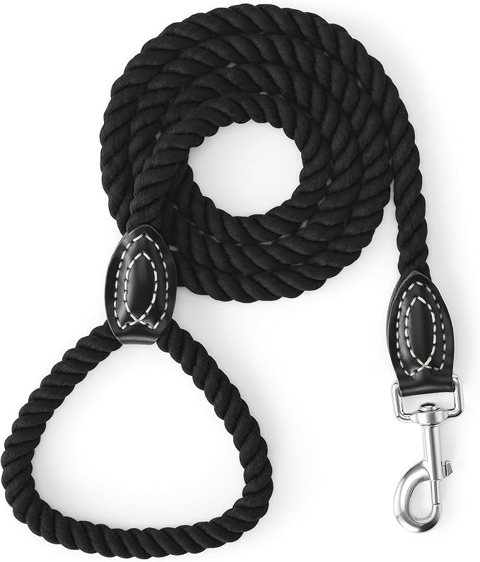 Mile High Life Dog Leash Braided Cotton Rope with Leather-Reinforced Ends | Rust-proof 360° swivel clasp, Heavy-duty for medium/large breeds. Great for weddings, daily walks (4 FT, 1/2", Black)