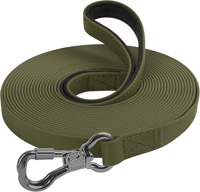 XiaZ Waterproof Long Lead for Dogs, Training Long Line Leash with Padded Handle for Large Medium Small Dogs Outside Walking, Playing, Camping, or Yard (15FT, Olive)
