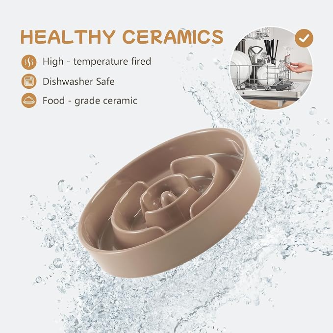 Havniva Elevated Slow Feeder Dog Bowls, Ceramic Dog Bowl Slow Feeder Set | 0.9 Cups Raised Slow Feeding Bowl for Small Breed, 6.1” Dog Water Bowl with Wooden Stand, Puzzle Dog Slow Feeder, Non-slip