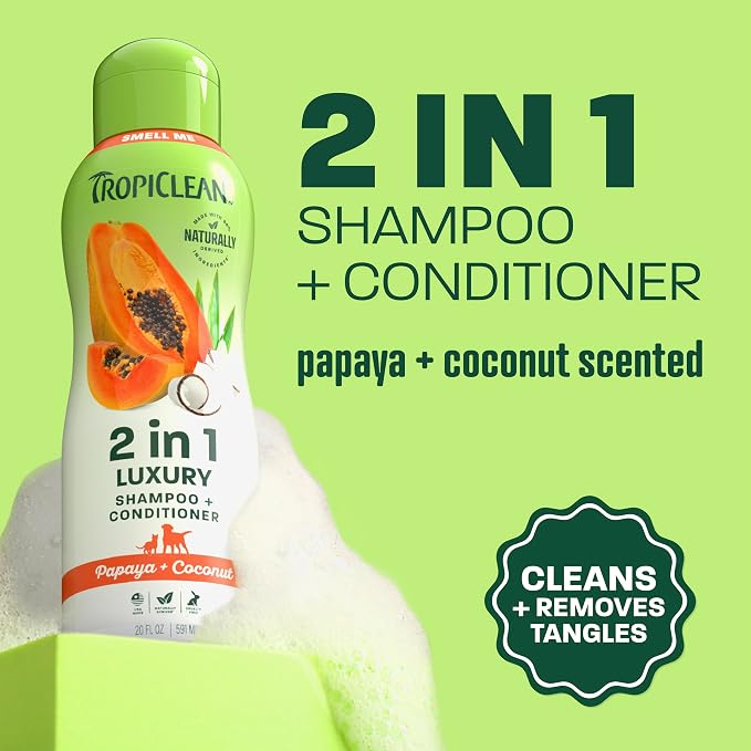 TropiClean 2-in-1 Dog Shampoo and Conditioner, Moisturizing Dog Detangler, Puppy Safe, Made in the USA, Papaya Scent, Cat & Kitten Safe, 20oz. | Moisturizing Detangler | Papaya Scent | Puppy, Cat & Kitten Safe | Made in USA