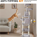 Large 71 Inch Tall Cat Tree Tower for Indoor Cats, Light Grey | Multi-Level Tall Cat Tree Tower with Condo, Perches, Sisal Scratching Posts and Hammock, Pet Play House with Dangling Balls