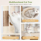 Globlazer F66 Corner Cat Tree, 66in Multi-Level Climbing Tower, Beige | Kitty Condos Cat Scratching Tower for Indoor Multiple Cats with Large Platform, 3 Cat Caves, Hanging Basket