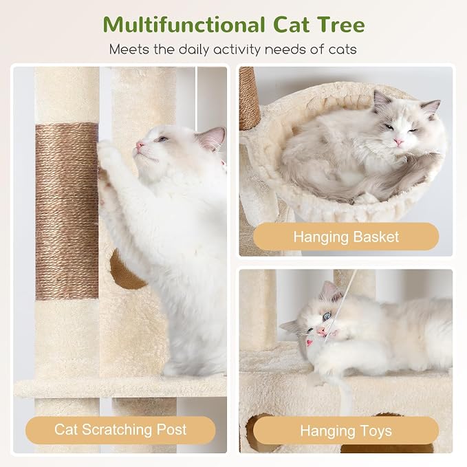 Globlazer F66 Corner Cat Tree, 66in Multi-Level Climbing Tower, Beige | Kitty Condos Cat Scratching Tower for Indoor Multiple Cats with Large Platform, 3 Cat Caves, Hanging Basket