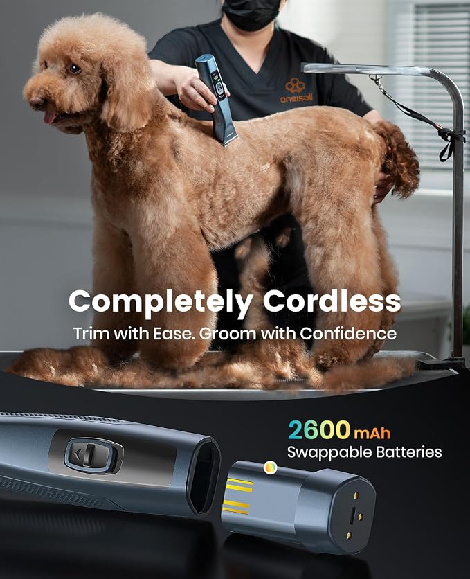 oneisall Professional Dog Grooming Clippers Metal Combs A5 Blade | 3700SPM 2-Speed, 2600mAh Swappable Battery, Low Noise Dog Grooming Clippers for Thick Long Curly Matted Hair